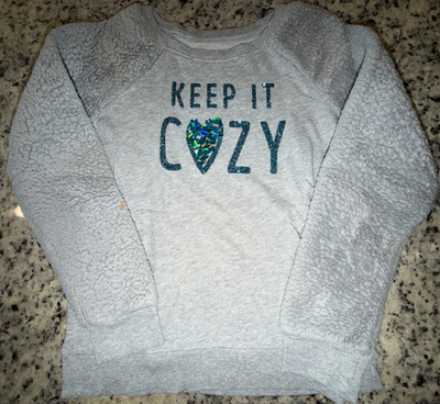 Girls Sz 10 Gray Pullover Knit Sweatshirt Justice ~ ''Keep it Cozy'' Blue Glitter