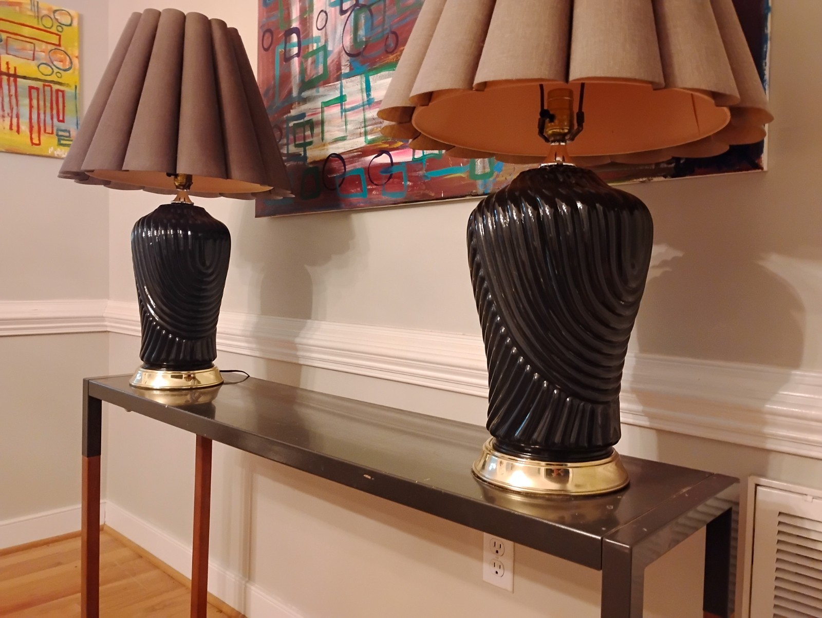 Pair Vintage Post Modern Shell Table Lamps With Original Shades