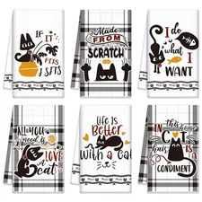 6 Pcs Black Cat Theme Kitchen Towels Funny Dish Towel Black White Kitchen Han...