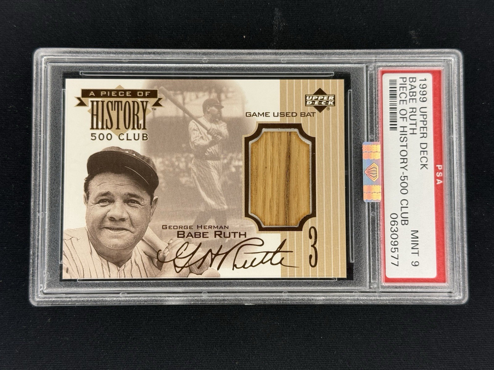 1999 UD PIECE OF HISTORY 500 HOME RUN CLUB BABE RUTH GAME USED BAT #BR PSA 9 MBA