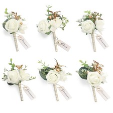 Ivory Foam Rose Wedding Boutonnieres with Pins for Men Groom 6 Pack Set