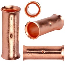 1 AWG Non-Insulated Butt Splice Connectors, Bare Copper Seamless Flared Enclo...