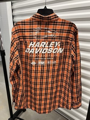 Harley-Davidson Performance Pro Racing Parts Orange Plaid Flannel Shirt Mens M