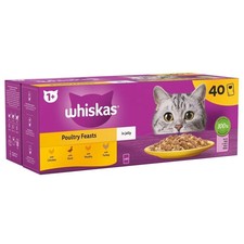 40 x 85g Whiskas 1+ Poultry Feasts Mixed Adult Wet Cat Food Pouches in Jelly 4.05 per kilo
