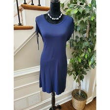 Vince Camuto Women Solid Blue Rayon V-Neck Short Sleeve Knee Length Dress Size S