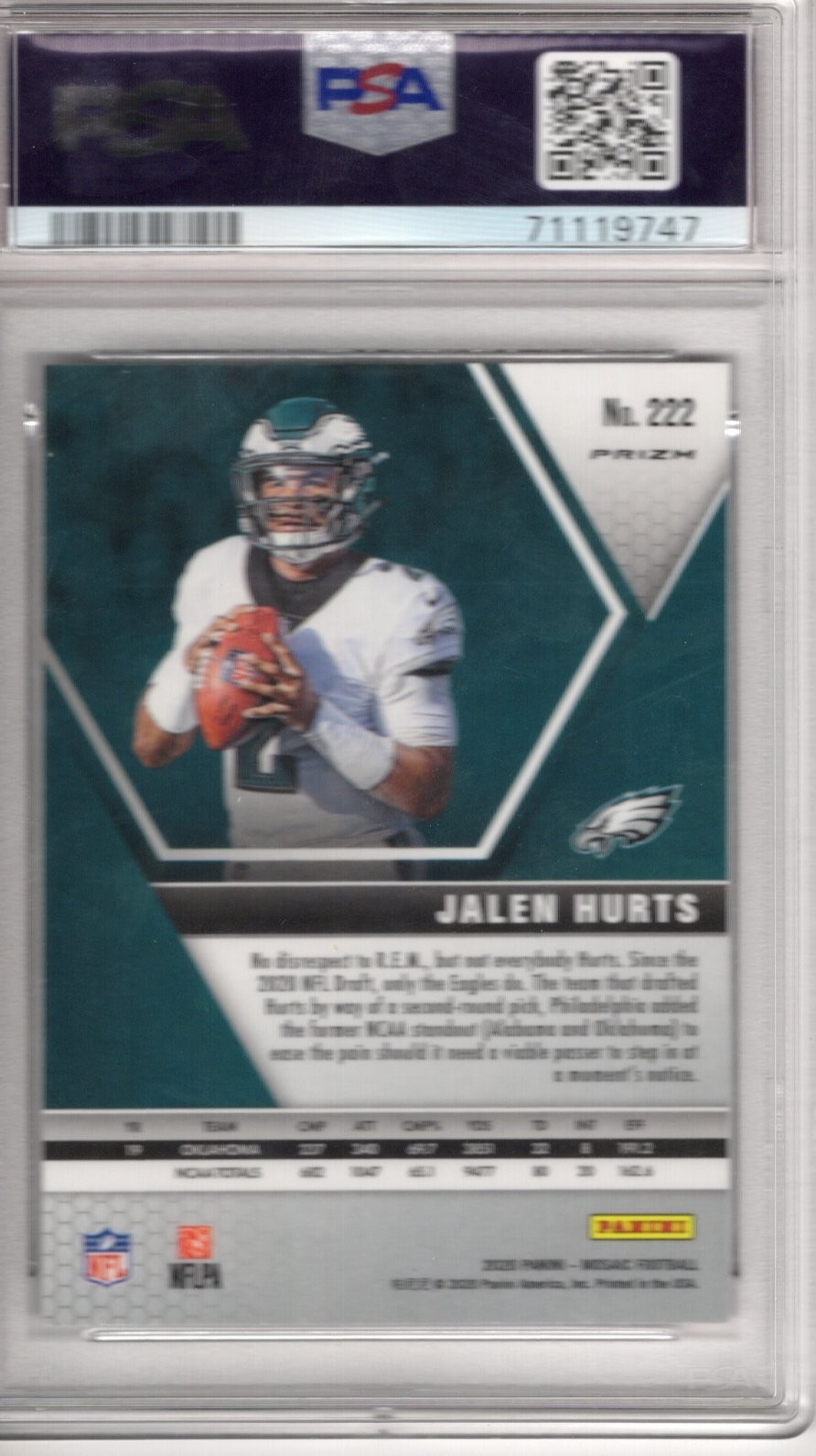 2020 Panini Mosaic Jalen Hurts #222 Reactive Gold Prizm Rookie (RC) PSA 10 view 2