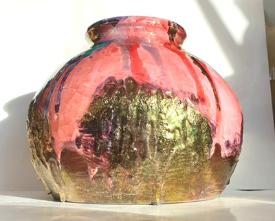 big multicolored CLAUDIO PULLI ceramic vase ITALY SARDEGNA signed crackle glazed