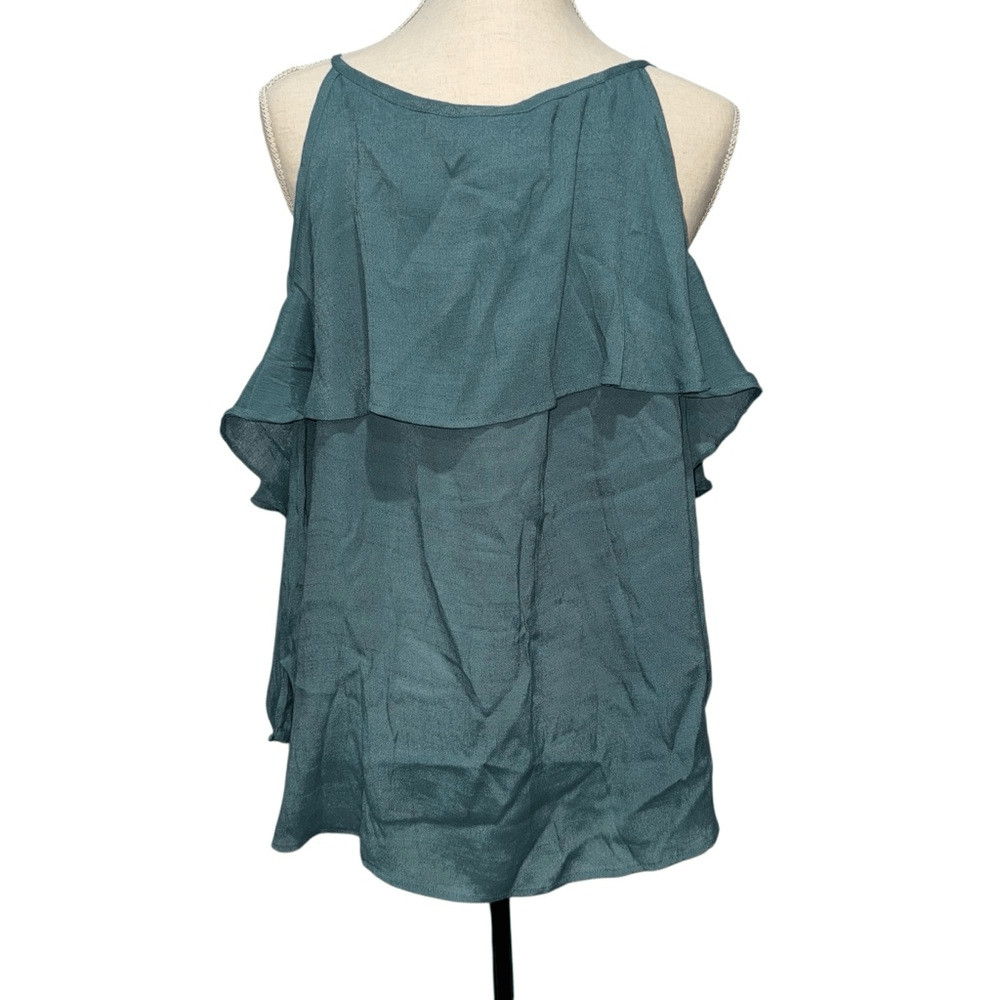 Solid Teal Cold Shoulder Ruffle Blouse with Tie F… - image 4