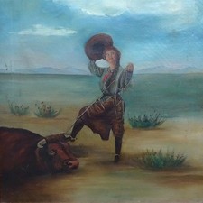 Antique Original Oil Painting on Canvas COWGIRL Roping A Bull Framed 17x16 in