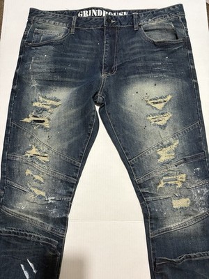 Grindhouse Distressed Biker Jeans Mens 40 Blue Paint Splatter Moto Denim