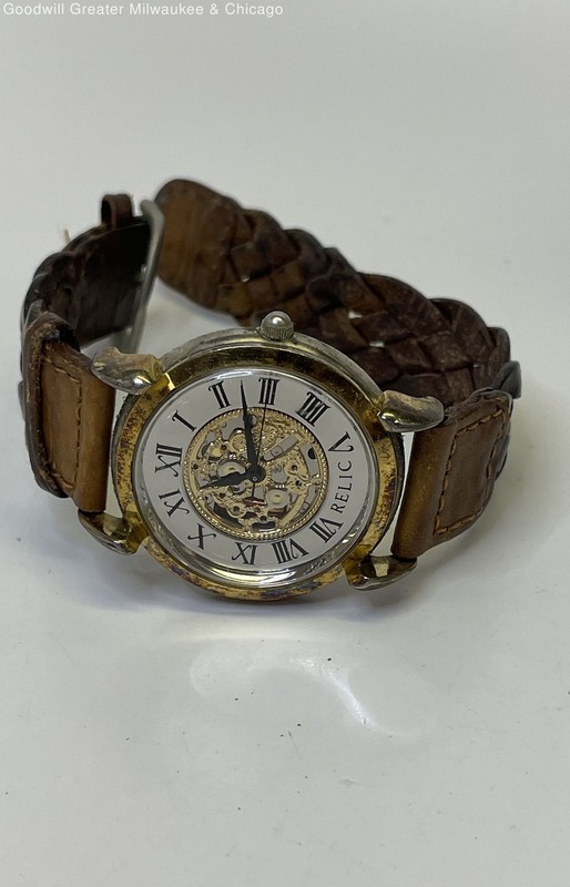 Relic Gold Tone Brown Leather Braided Band Wristwatch 35.4g