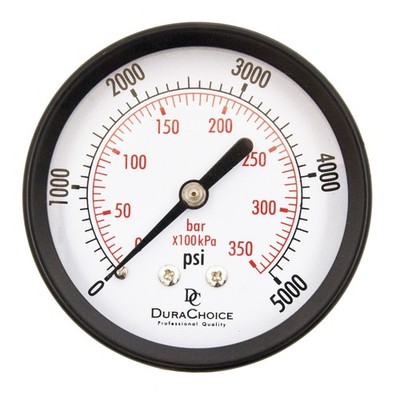 2-1/2'' Utility Pressure Gauge, 1/4'' NPT, Blk Steel Case, Ctr Back, 0-5,000PSI