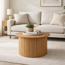 Oak Finish Round Coffee Table – Stylish Panelled Design for Living Room