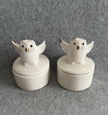 Pair 2x White Ceramic Owl Bird Trinket Pots Dishes With Lids