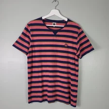 Pretty Green V Neck Striped T Shirt Large Logo Pink Cotton Mens SKU A130