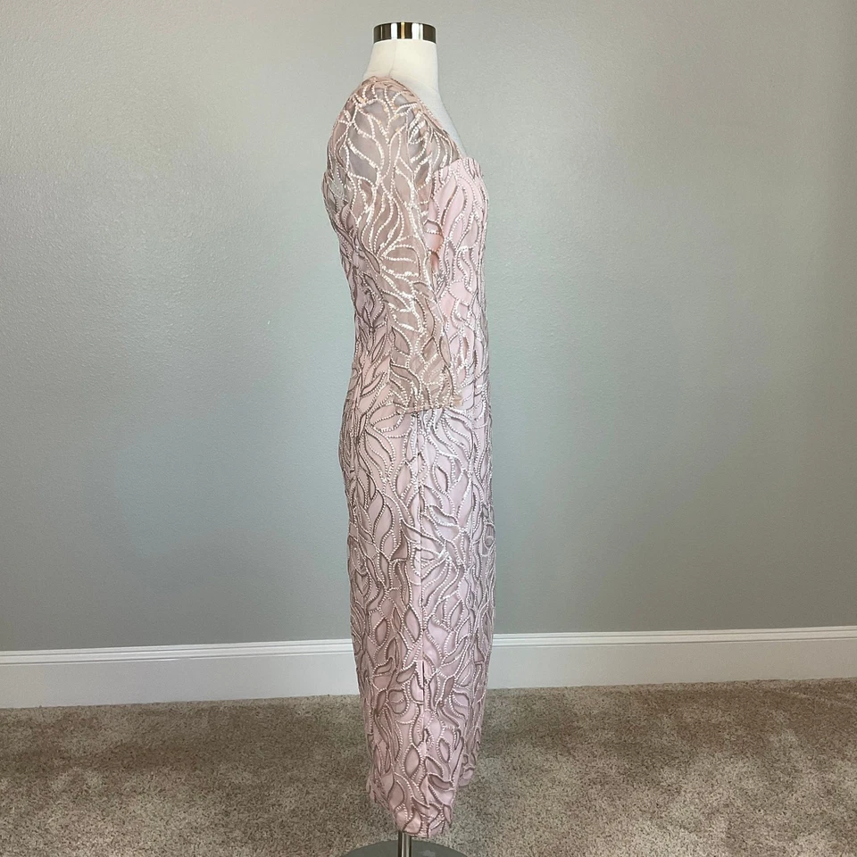 JS Collections Women's Formal Dress Size 6 Pink Sequined Long Sleeve Midi Sheath - Image 4 of 4