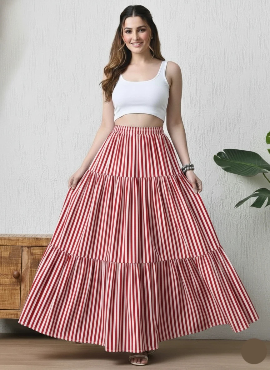 Indian Red Striped Long Frill Skirt 100% Cotton skirt Women's Clothing skirt US