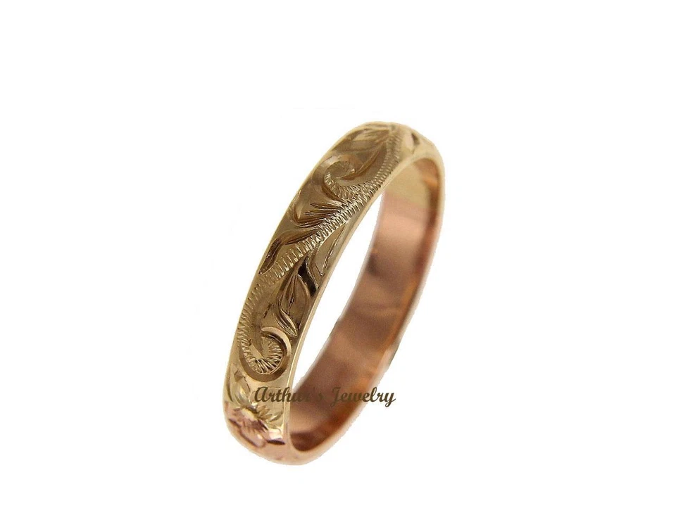 14K YELLOW ROSE GOLD CUSTOM HAND ENGRAVED HAWAIIAN SCROLL MAILE RING 4MM - Image 2 of 4