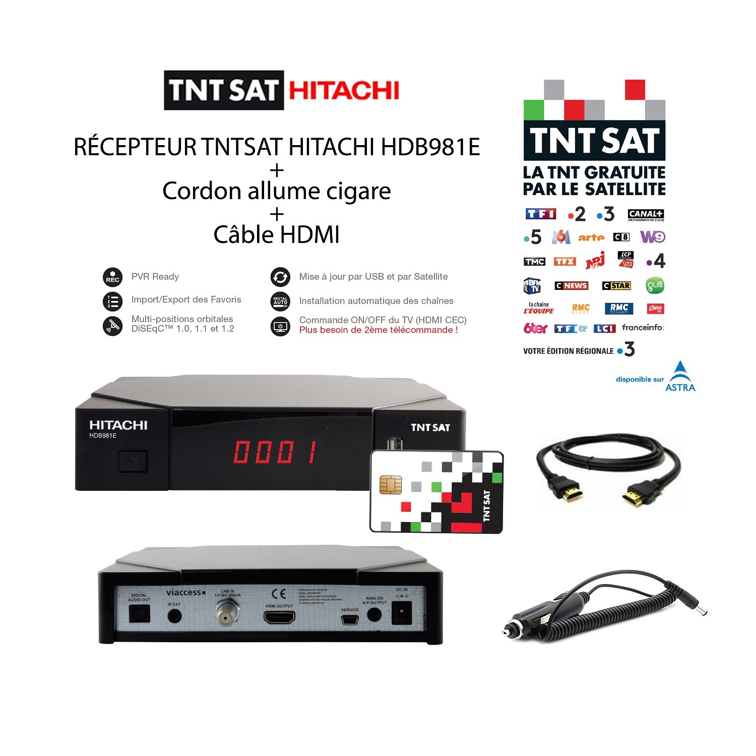 Récepteur TNTSAT Hitachi HDB981E décodeur satellite HD avec carte accès et câble