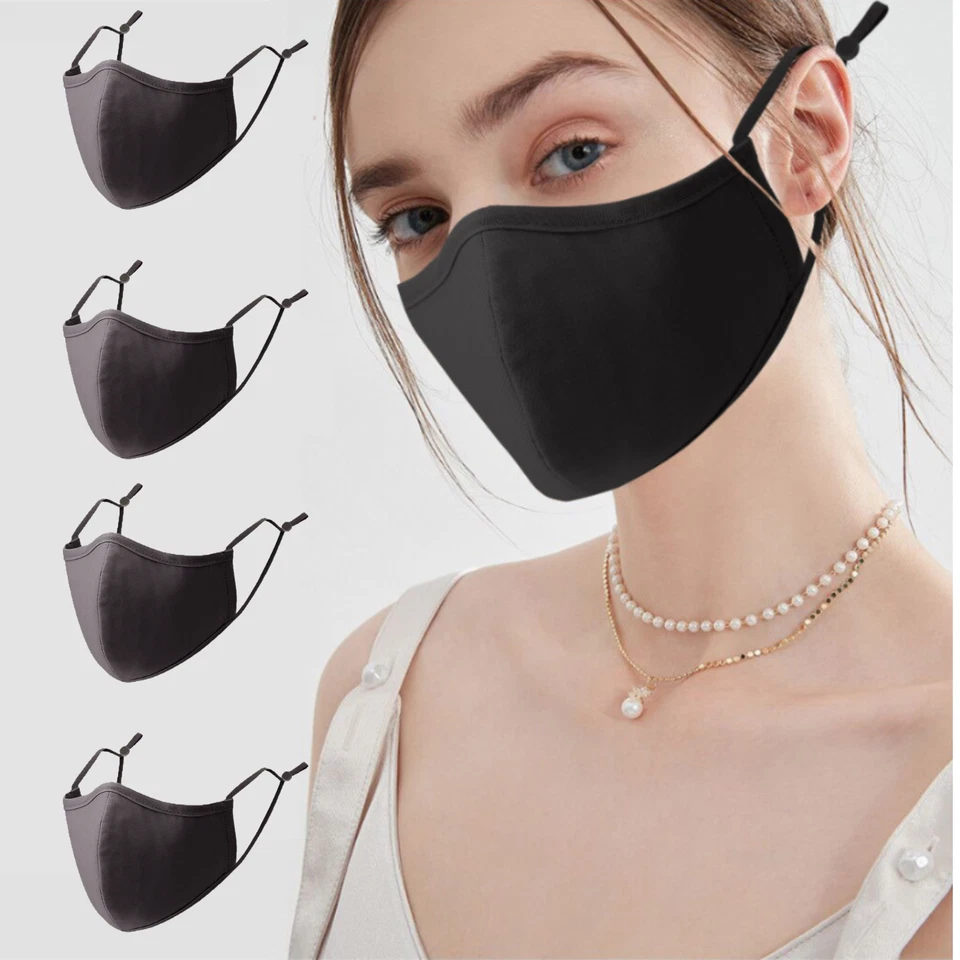 4 Reusable Cotton Face Mask Black Covering Washable Breathable Dust Mouth Cover