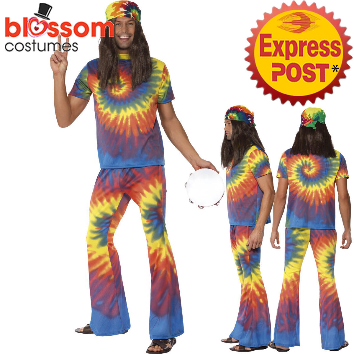 CA158 Mens Tie Dye 60s 70s Hippy Costume 1960s 1970s Go Go Hippie