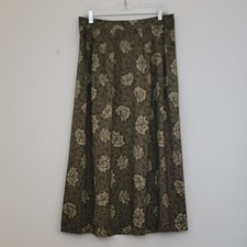 Vintage Sag Harbor Brown Tan Floral Rayon Flare Midi Skirt Womens L
