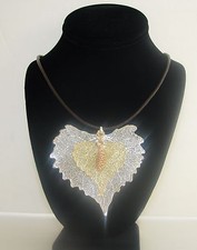 JUMBO 3 PCS,3 TONE REAL SILVER+GOLD COTTONWOOD LEAF+ROSE PINE PENDANT NECKLACE