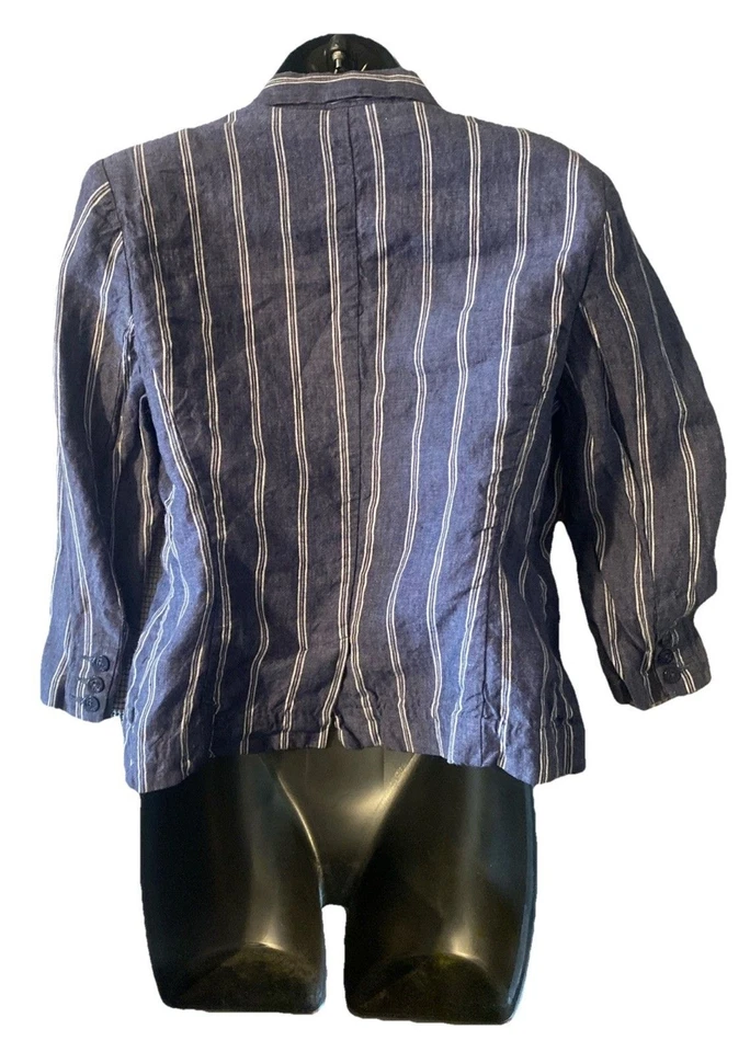 CAbi Blue & Ivory Striped Chambray Linen Nautical Button Front Blazer Jacket 10 - Image 3 of 4
