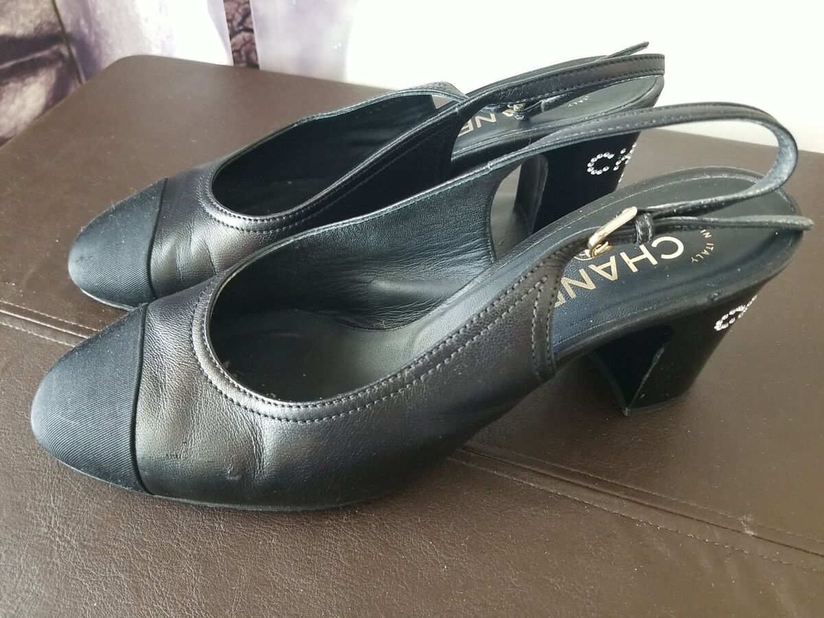 CHANEL Classic Slingback Pumps Crystal Logo Block Heel Cap CHANEL Classic Slingback Pumps Crystal Logo Block Heel Cap