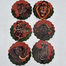 Set/6 Genuine Leather Hand painted Safari Animal Coasters Giraffe Elephant Zebra