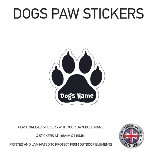 4 x Personalised Paw Dog Name Stickers 108mmx 110mm DPS02 - Picture 2 of 9