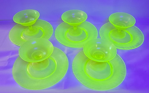 ANTIQUE FENTON TOPAZ VASELINE STRETCH GLASS SHERBET #103 1917 - 1930's w/ Plates - Picture 14 of 21