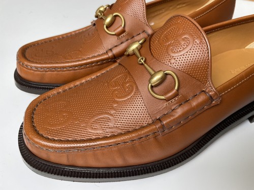 GUCCI Big Logo GG Gold Horsebit Brown Leather Loafers Sz UK 9, US 9.5 $950