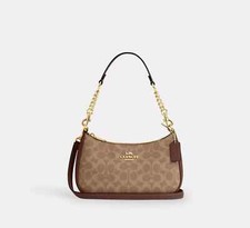 COACH Teri Shoulder Bag In Signature Canvas Gold/Tan/Brown New Fast Shipping