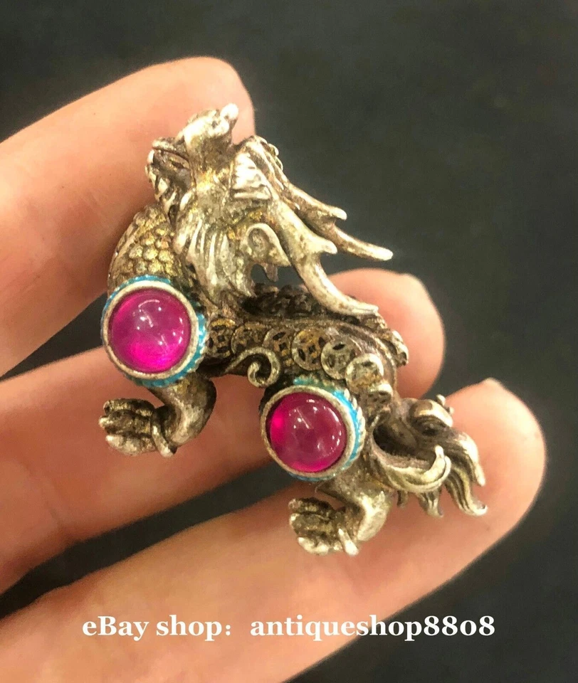 Par de bixie 2 piezas China Miao incrustaciones de plata rojo jade Fengshui Foo Fu perro león bestia Foto 4 de 4