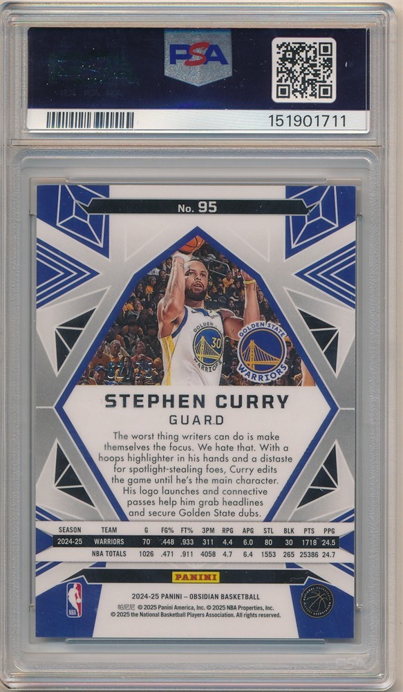 STEPHEN CURRY 2024/25 PANINI OBSIDIAN ELECTRIC ETCH PURPLE FLOOD #/75 PSA 10 GEM view 2