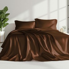 SATIN QUEEN SHEET SET - 4 PIECES, brown deep pocketed silk sheets.