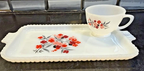 Vintage Fire-King Milk Glass Snack Set Primrose Pattern Anchor Hocking 1 Plate 1