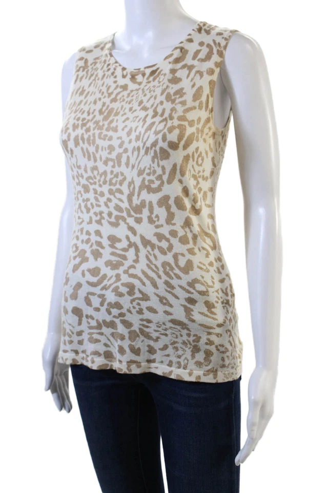 Magaschoni Womens Scoop Neck Leopard Print Silk Knit Tank Top White Brown Small - Image 2 of 4