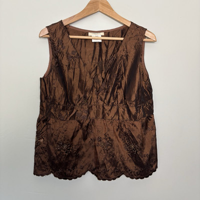 VTG Y2K 90s Vertigo Paris Iridescent Brown Floral Embroidered Babydoll Top-Large