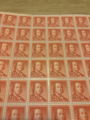 Scott #1030 Sheet of 100 MNHOG Benjamin Franklin 1954-68 1/2 Cent MSA05_1030-2 - Afbeelding 2 van 4