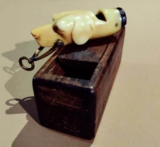 Original box! Mid-1800s James Dixon dog head bone hunting/dog whistle, 62mm long