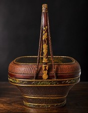 Vintage Chinese Lacquered Bamboo Basket Bird Pine Calligraphy Lidded Handle