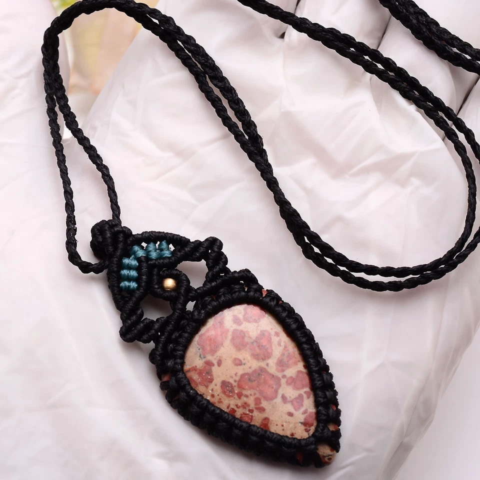 Handgefertigt Natürlich Jaspis Cabochon Boho Makramee Anhänger Crystal Reiki - Bild 4 von 4