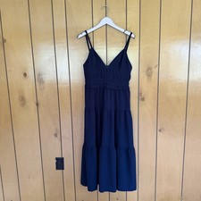 En Saison Women’s L Navy Blue Shirred Ruffle Tiered Maxi Dress Girly Feminine ￼