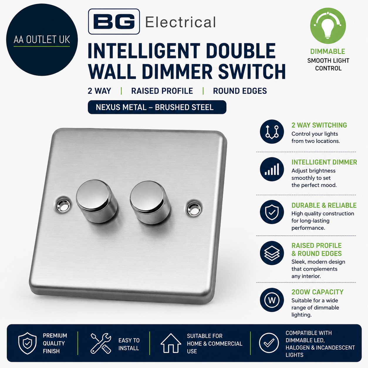 BG Electrical Intelligent Double Wall Dimmer Switch Two Way Raised Profile 200W