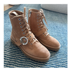 Jimmy Choo Brown Suede Lace-Up Ankle Combat Boots Buckle Rhinestone US 8.5