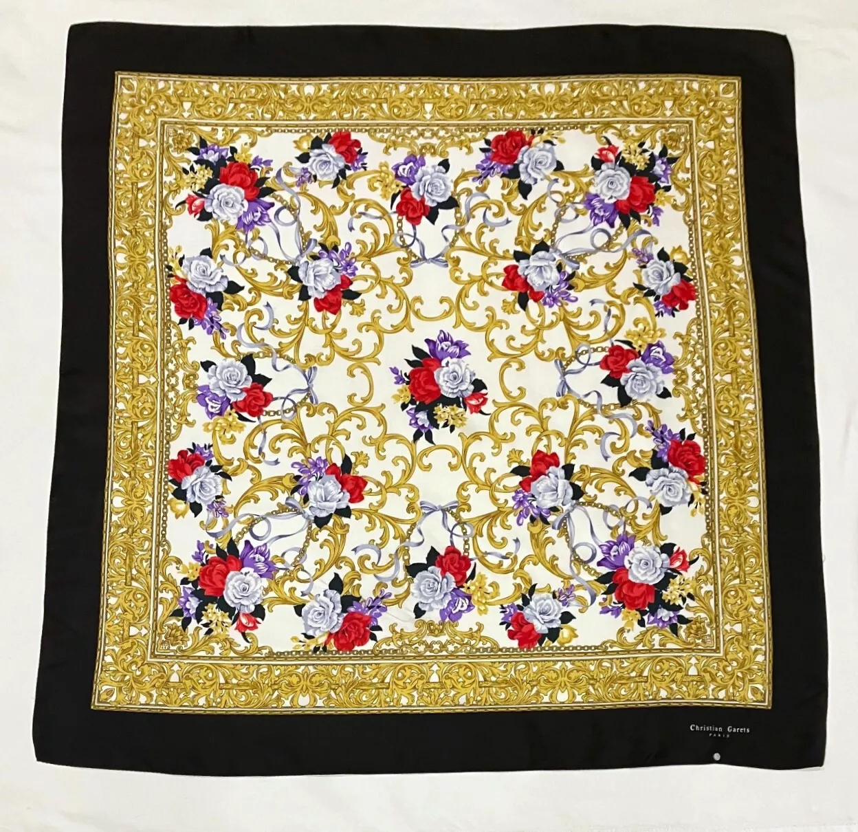 Christian Garets Paris foulard soie rouge bleu violet roses filigrane doré 33