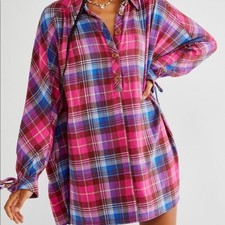 Free People Zoey Plaid Oversize Mini Dress, Purple Pink, Medium, RRP $128