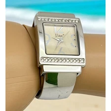 Vivani Womens Silver Tone Cuff Watch Bracelet Bangle Rhinestone Accents